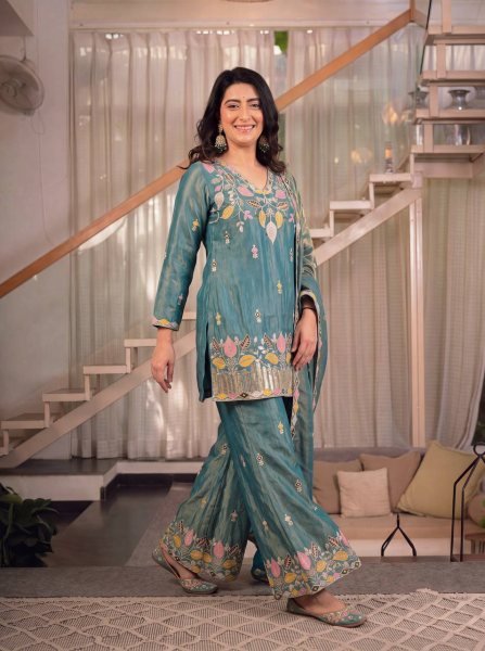 Sleek Teal Green Satin Kurti Palazzo Set with Full Sleeves At An Affordable Price Ready To Wear Collection