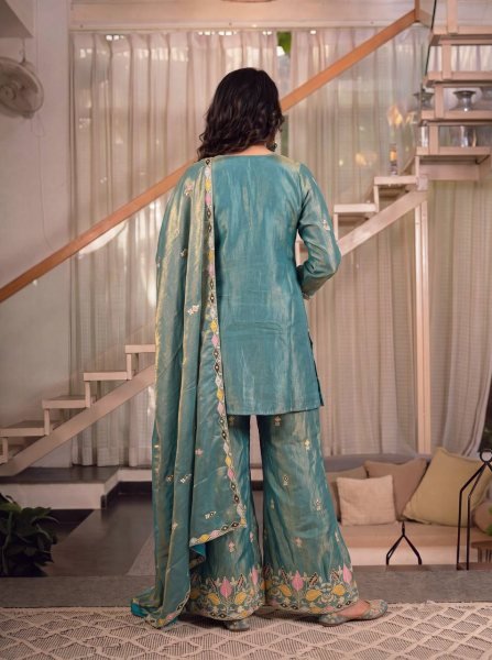 Sleek Teal Green Satin Kurti Palazzo Set with Full Sleeves At An Affordable Price Ready To Wear Collection
