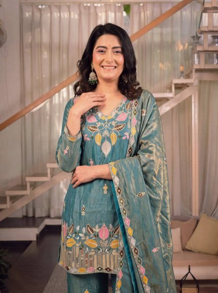 Sleek Teal Green Satin Kurti Palazzo Set with Full Sleeves At An Affordable Price Ready To Wear Collection