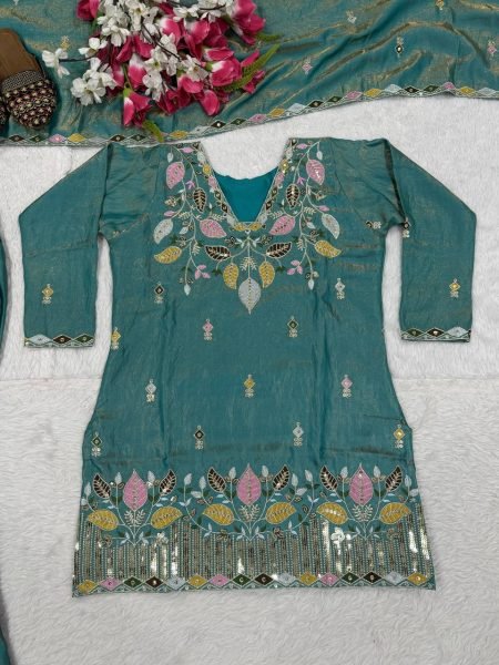 Sleek Teal Green Satin Kurti Palazzo Set with Full Sleeves At An Affordable Price Ready To Wear Collection