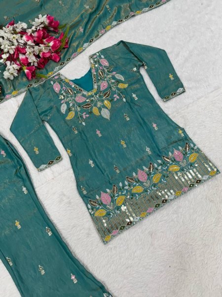 Sleek Teal Green Satin Kurti Palazzo Set with Full Sleeves At An Affordable Price Ready To Wear Collection