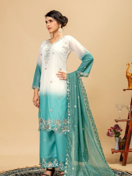 Sleek Turquoise Collection with Premium Georgette Kurti and Embroidered Zari Weaving Dupatta Ready To Wear Suit