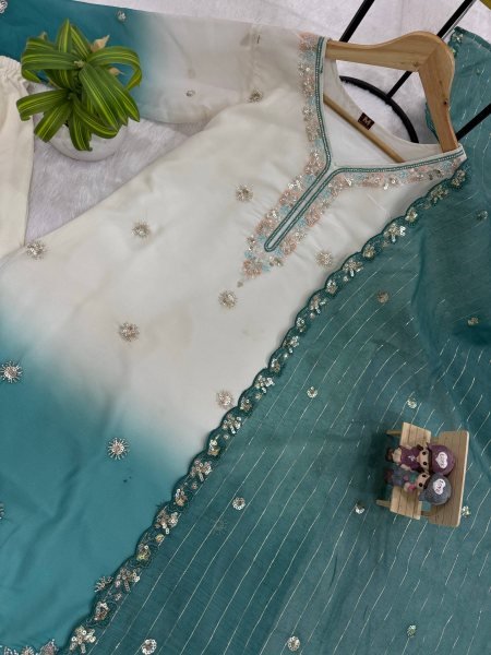 Sleek Turquoise Collection with Premium Georgette Kurti and Embroidered Zari Weaving Dupatta Ready To Wear Collection