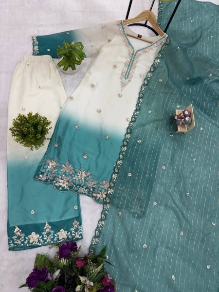 Sleek Turquoise Collection with Premium Georgette Kurti and Embroidered Zari Weaving Dupatta Ready To Wear Collection