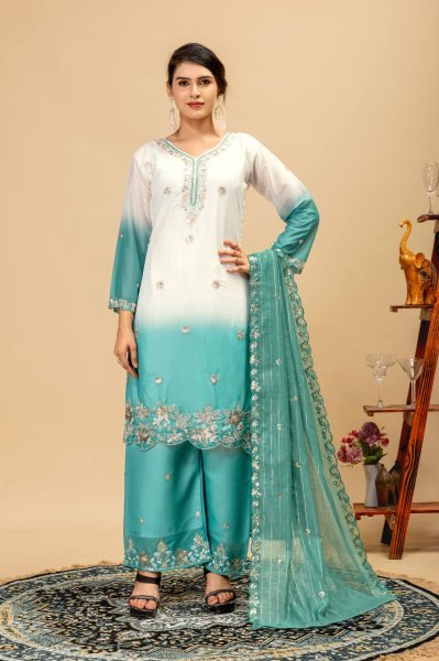 Sleek Turquoise Collection with Premium Georgette Kurti and Embroidered Zari Weaving Dupatta Ready To Wear Collection