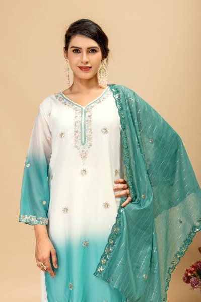 Sleek Turquoise Collection with Premium Georgette Kurti and Embroidered Zari Weaving Dupatta Ready To Wear Collection