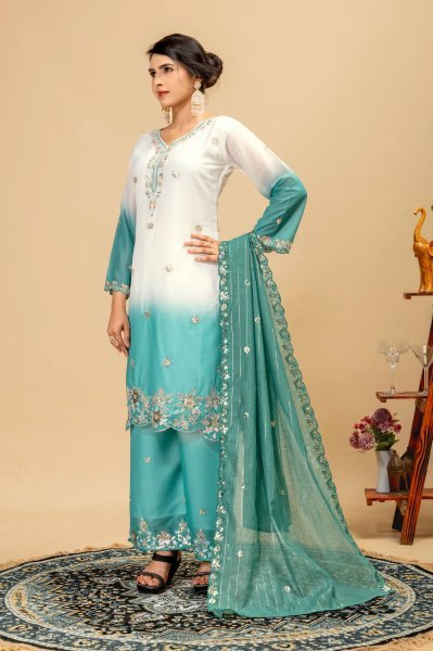Sleek Turquoise Collection with Premium Georgette Kurti and Embroidered Zari Weaving Dupatta Ready To Wear Collection