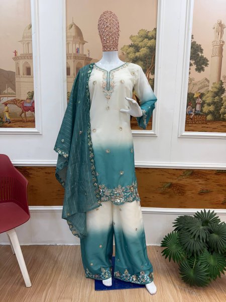 Sleek Turquoise Collection with Premium Georgette Kurti and Embroidered Zari Weaving Dupatta Ready To Wear Collection