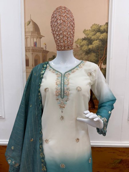 Sleek Turquoise Collection with Premium Georgette Kurti and Embroidered Zari Weaving Dupatta Ready To Wear Collection