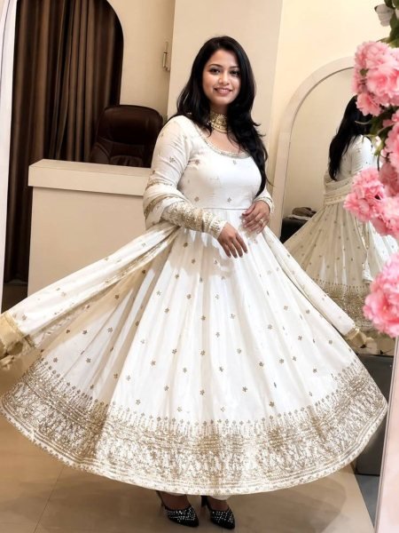 Sleek White Boutique Style Crunchy Silk Gown Suit with Rich Sequins and Designer Dupatta 