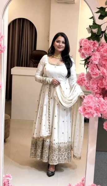 Sleek White Boutique Style Crunchy Silk Gown Suit with Rich Sequins and Designer Dupatta Ready To Wear Collection