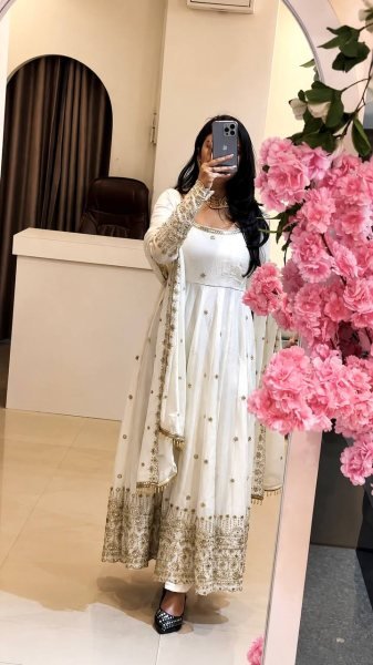 Sleek White Boutique Style Crunchy Silk Gown Suit with Rich Sequins and Designer Dupatta Ready To Wear Collection