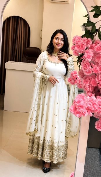 Sleek White Boutique Style Crunchy Silk Gown Suit with Rich Sequins and Designer Dupatta Ready To Wear Collection