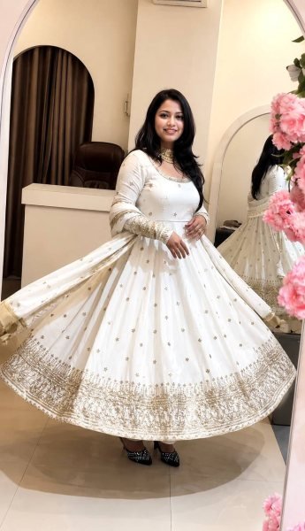 Sleek White Boutique Style Crunchy Silk Gown Suit with Rich Sequins and Designer Dupatta Ready To Wear Collection