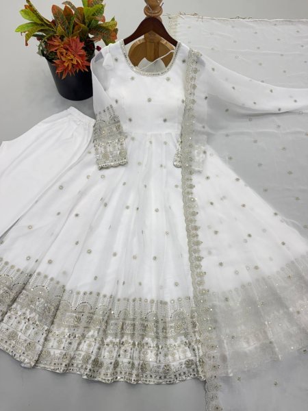 Sleek White Boutique Style Crunchy Silk Gown Suit with Rich Sequins and Designer Dupatta Ready To Wear Collection