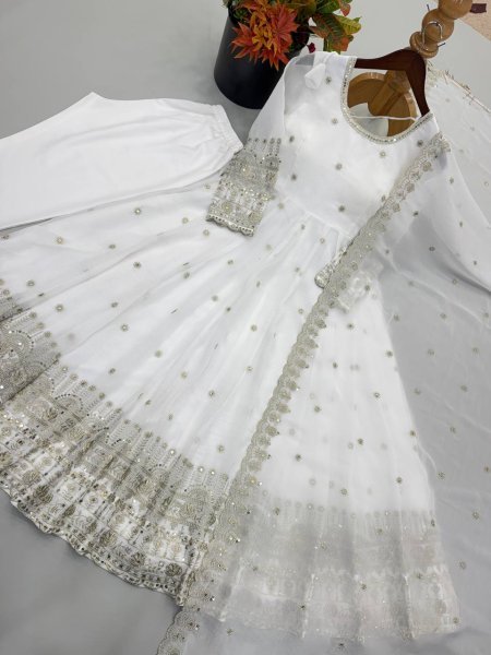 Sleek White Boutique Style Crunchy Silk Gown Suit with Rich Sequins and Designer Dupatta Ready To Wear Collection