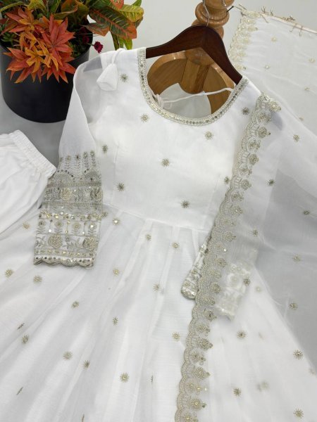 Sleek White Boutique Style Crunchy Silk Gown Suit with Rich Sequins and Designer Dupatta Ready To Wear Collection