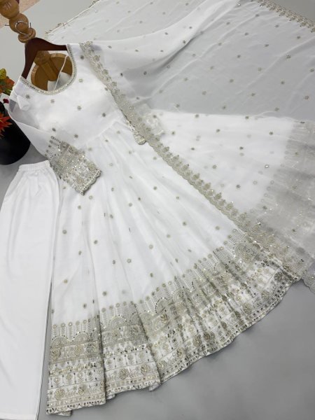 Sleek White Boutique Style Crunchy Silk Gown Suit with Rich Sequins and Designer Dupatta Ready To Wear Collection