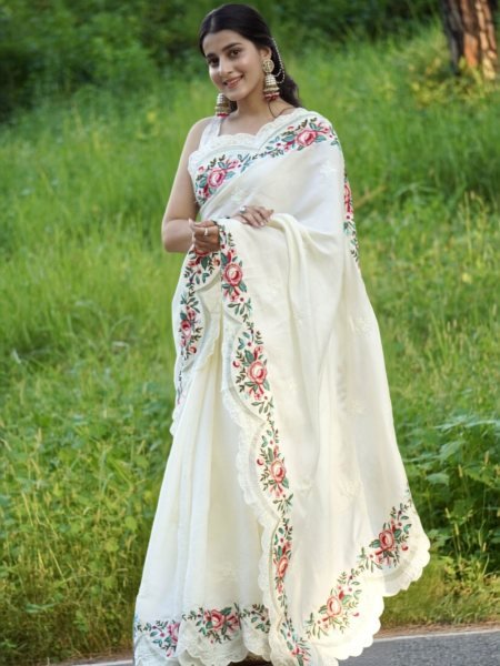 Sleek White Designer Pure Tussar Silk Wedding Saree with Elegant Embroidered Blouse Sarees 