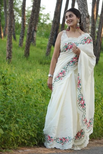 Sleek White Designer Pure Tussar Silk Wedding Saree with Elegant Embroidered Blouse Silk Sarees Wholesale
