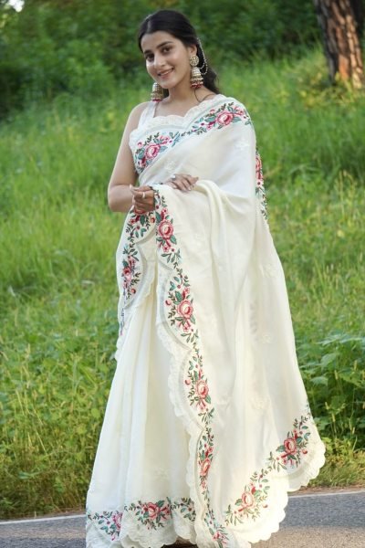 Sleek White Designer Pure Tussar Silk Wedding Saree with Elegant Embroidered Blouse Silk Sarees Wholesale