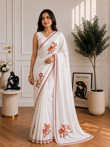 Sleek White Designer Soft Chinon Saree with Digital Warli Print and Matching Printed Blouse Sarees 