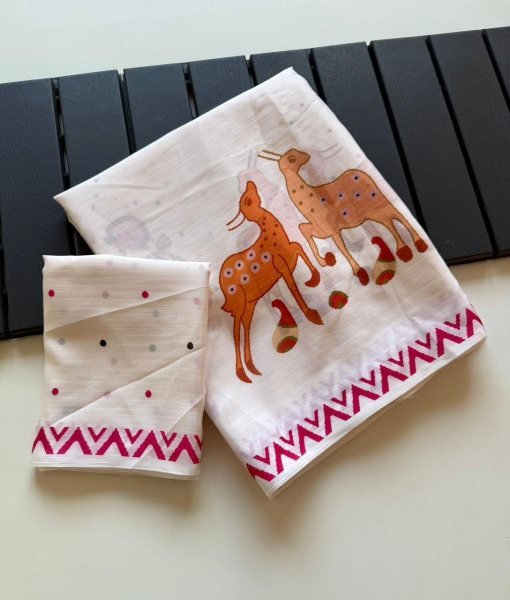 Sleek White Designer Soft Chinon Saree with Digital Warli Print and Matching Printed Blouse Silk Sarees Wholesale