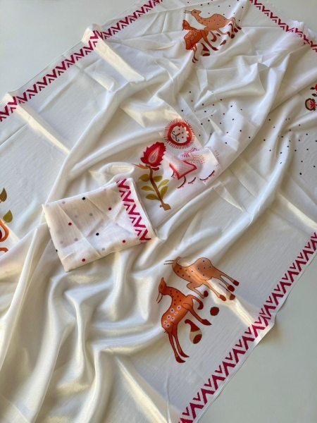 Sleek White Designer Soft Chinon Saree with Digital Warli Print and Matching Printed Blouse Silk Sarees Wholesale