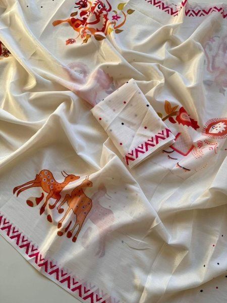 Sleek White Designer Soft Chinon Saree with Digital Warli Print and Matching Printed Blouse Silk Sarees Wholesale