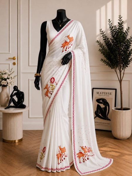 Sleek White Designer Soft Chinon Saree with Digital Warli Print and Matching Printed Blouse Silk Sarees Wholesale