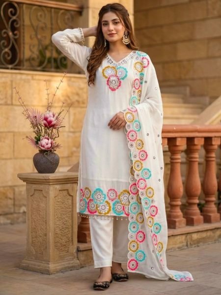 Sleek White Heavy Chinon Silk Embroidered Top Bottom Dupatta Set for Women Ready To Wear Suit