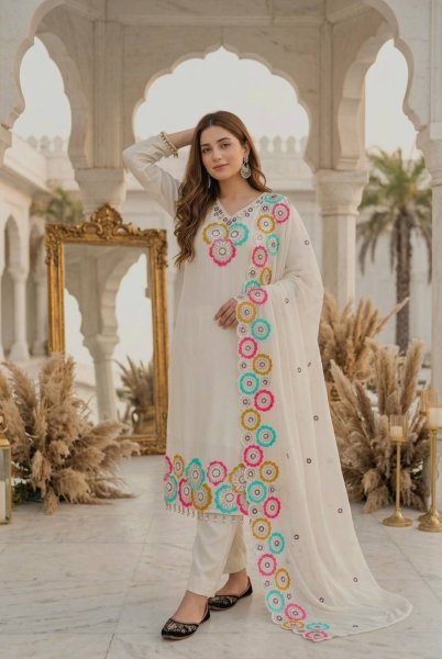 Sleek White Heavy Chinon Silk Embroidered Top Bottom Dupatta Set for Women Ready To Wear Collection