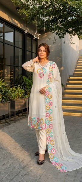 Sleek White Heavy Chinon Silk Embroidered Top Bottom Dupatta Set for Women Ready To Wear Collection