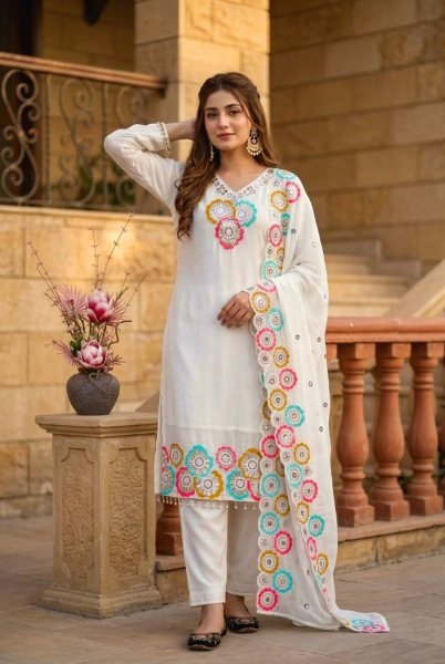 Sleek White Heavy Chinon Silk Embroidered Top Bottom Dupatta Set for Women Ready To Wear Collection
