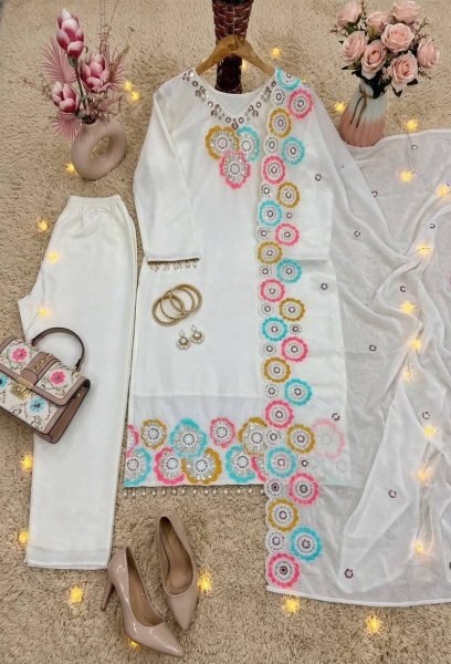 Sleek White Heavy Chinon Silk Embroidered Top Bottom Dupatta Set for Women Ready To Wear Collection