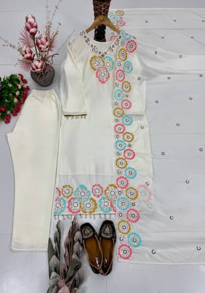 Sleek White Heavy Chinon Silk Embroidered Top Bottom Dupatta Set for Women Ready To Wear Collection