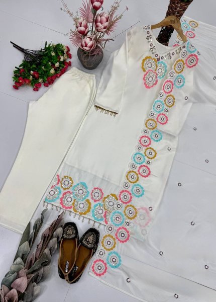 Sleek White Heavy Chinon Silk Embroidered Top Bottom Dupatta Set for Women Ready To Wear Collection