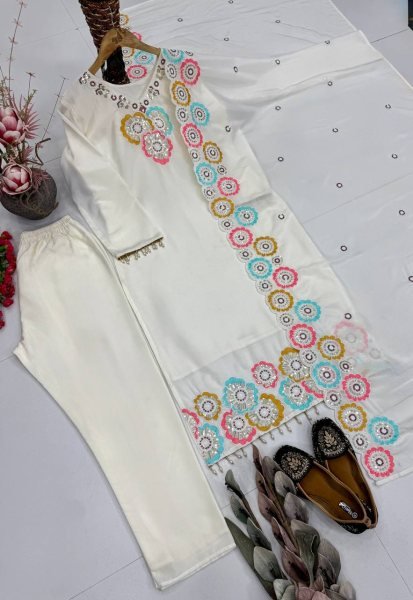 Sleek White Heavy Chinon Silk Embroidered Top Bottom Dupatta Set for Women Ready To Wear Collection