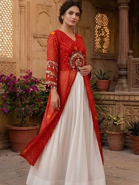 Sleek White Heavy Rayon Lehenga with Red Fox Georgette Bandhani Print Kurti for Ras Garba