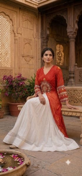 Sleek White Heavy Rayon Lehenga with Red Fox Georgette Bandhani Print Kurti for Ras Garba Navratri Lehnega Choli