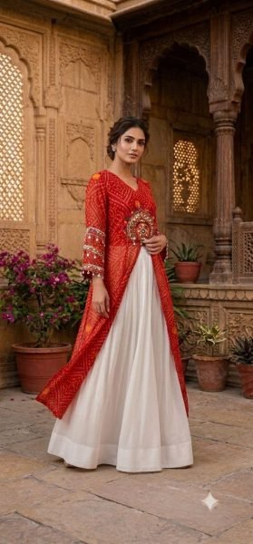 Sleek White Heavy Rayon Lehenga with Red Fox Georgette Bandhani Print Kurti for Ras Garba Navratri Lehnega Choli