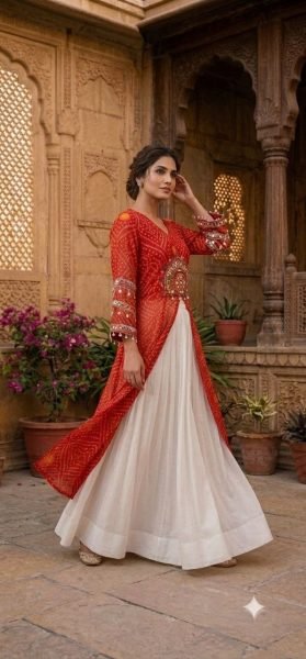 Sleek White Heavy Rayon Lehenga with Red Fox Georgette Bandhani Print Kurti for Ras Garba Navratri Lehnega Choli