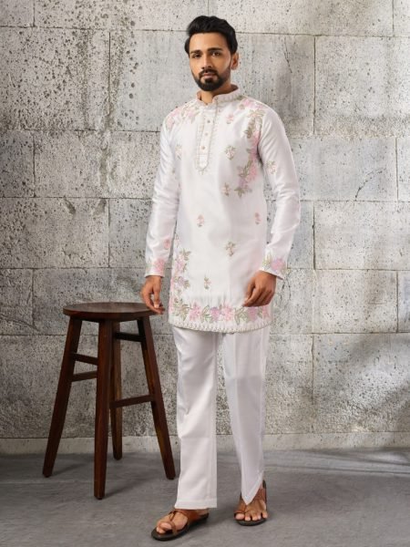 Sleek White Men s Kurta Pant Set with Thread and Sequins Embroidery For Wedding Mens Short Kurta