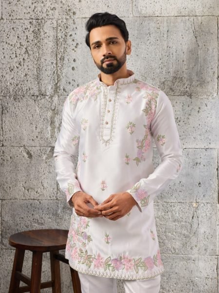 Sleek White Men s Kurta Pant Set with Thread and Sequins Embroidery For Wedding Mens Short Kurta