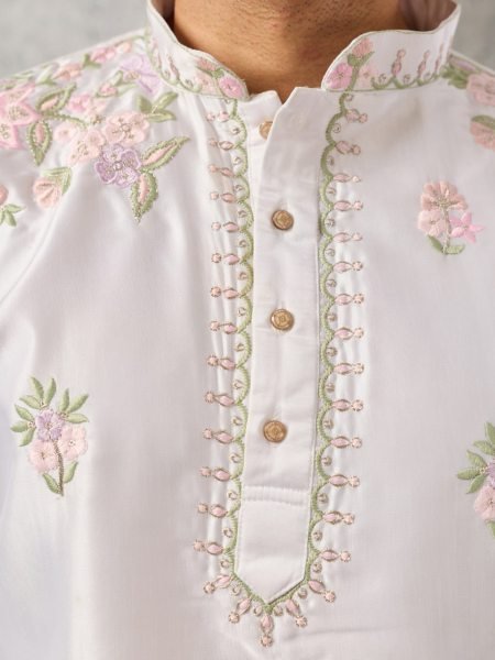 Sleek White Men s Kurta Pant Set with Thread and Sequins Embroidery For Wedding Mens Short Kurta