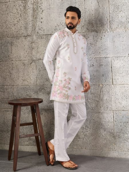 Sleek White Men s Kurta Pant Set with Thread and Sequins Embroidery For Wedding Mens Short Kurta