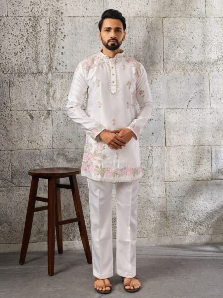 Sleek White Men s Kurta Pant Set with Thread and Sequins Embroidery For Wedding Mens Short Kurta