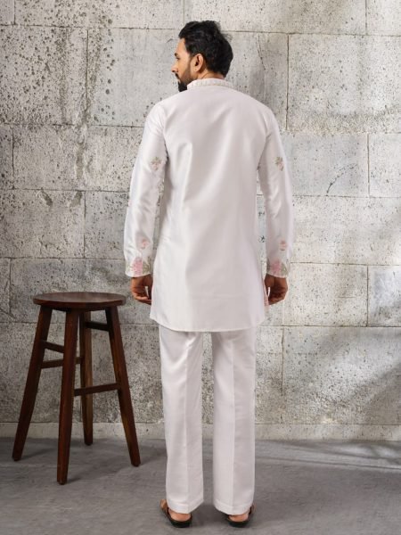 Sleek White Men s Kurta Pant Set with Thread and Sequins Embroidery For Wedding Mens Short Kurta