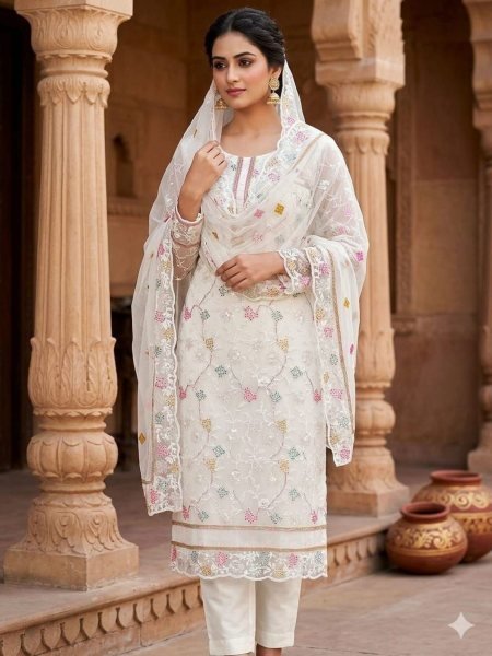 Sleek White Party Wear Organza Silk Dress Material with Heavy Embroidery Work 