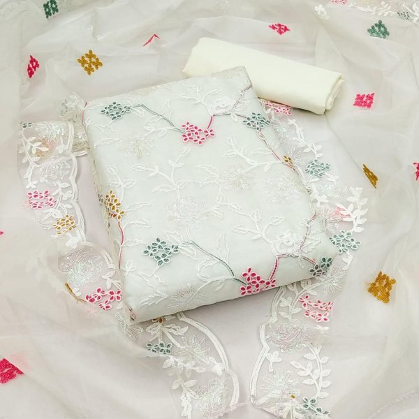 Sleek White Party Wear Organza Silk Dress Material with Heavy Embroidery Work Color Set Matching Dress Material Wholesale